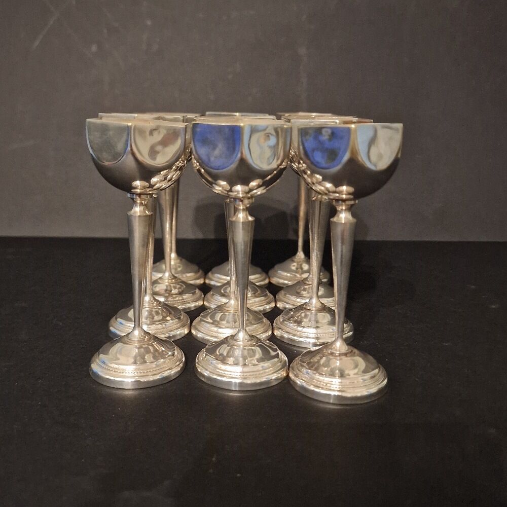 Vintage 12 silver metal shot glasses