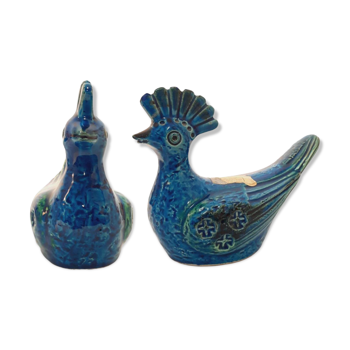 Pair of vintage peacock statues, Aldo Londi for Bitossi, Rimini blue series.