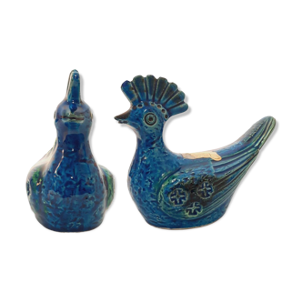 Pair of vintage peacock statues, Aldo Londi for Bitossi, Rimini blue series.