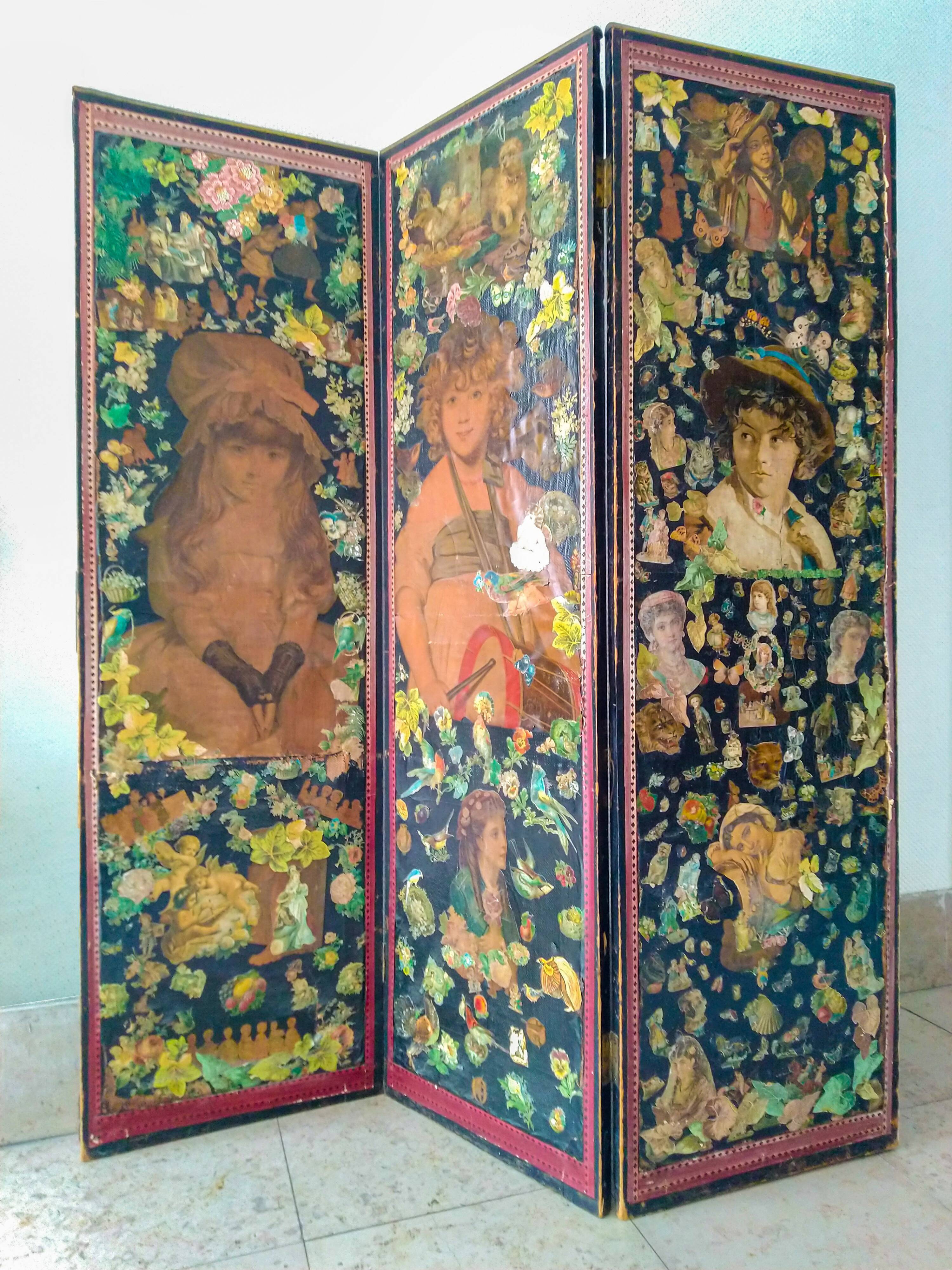 English Victorian 3-panel screen with varnished chromos