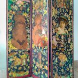 English Victorian 3-panel screen with varnished chromos