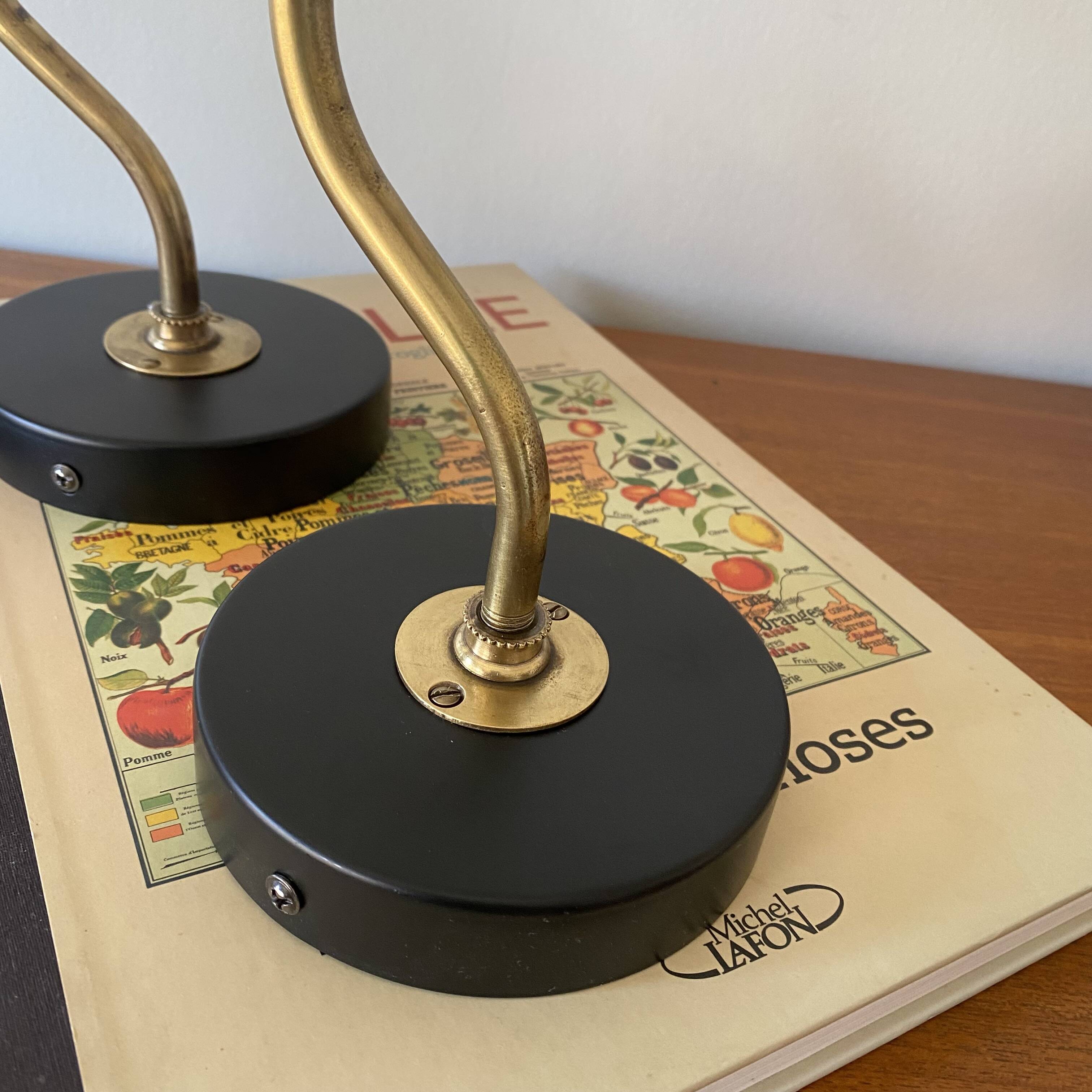 Pair of brass swan neck wall lights with transparent glass shades.