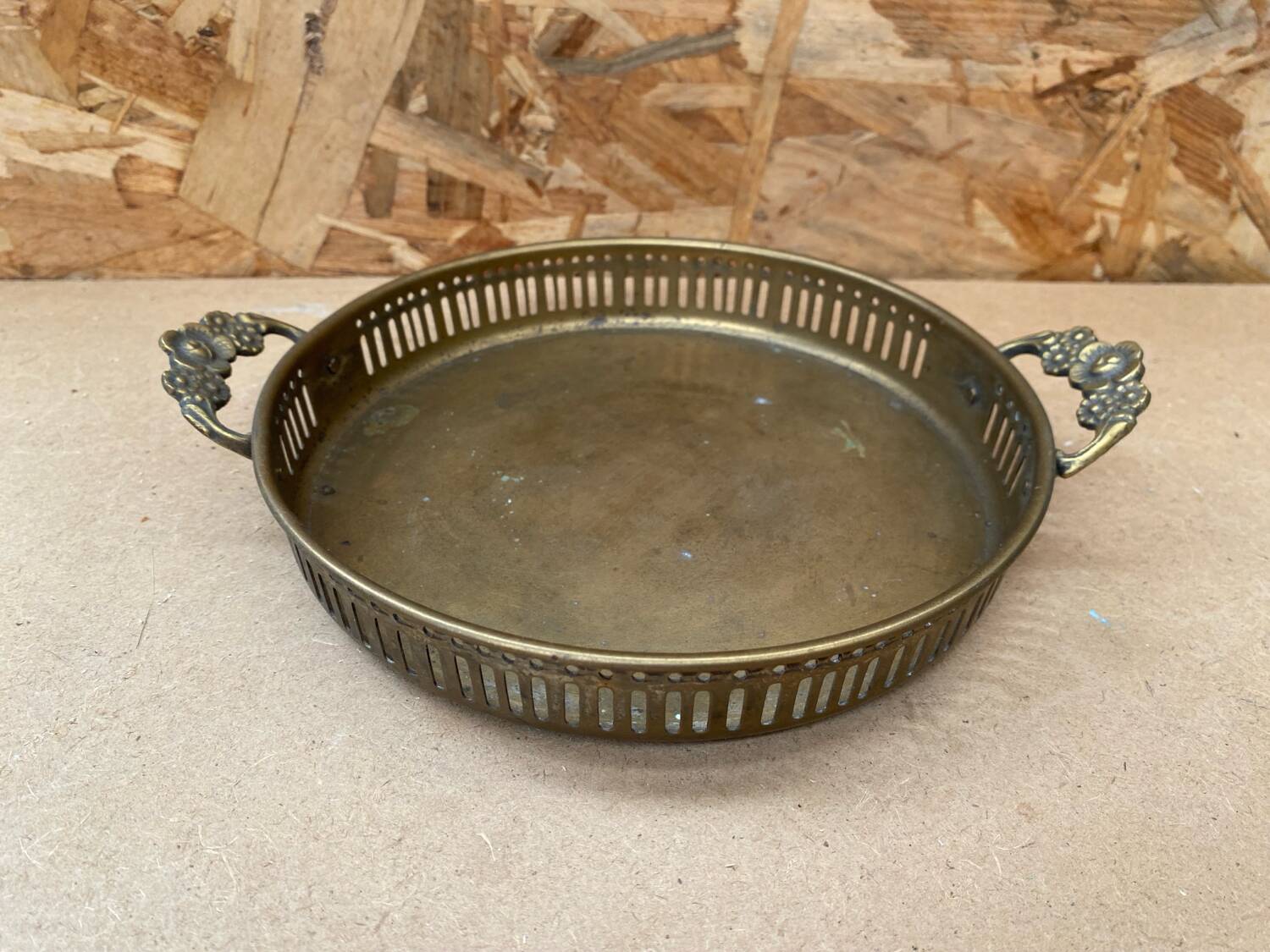 Antique openwork brass serving tray + flower handles vintage kitchen