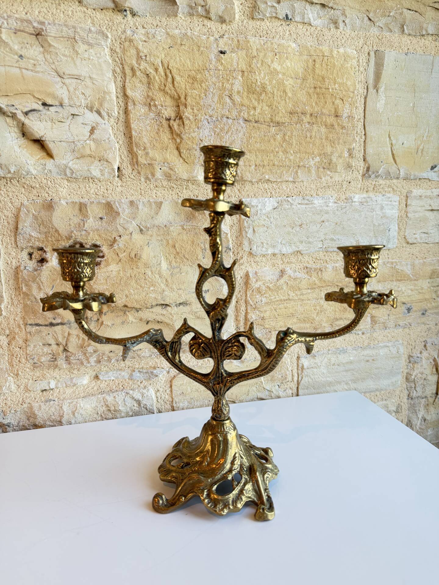 Antique Art Nouveau chandelier in gilded bronze with 3 lights – Vintage candlestick