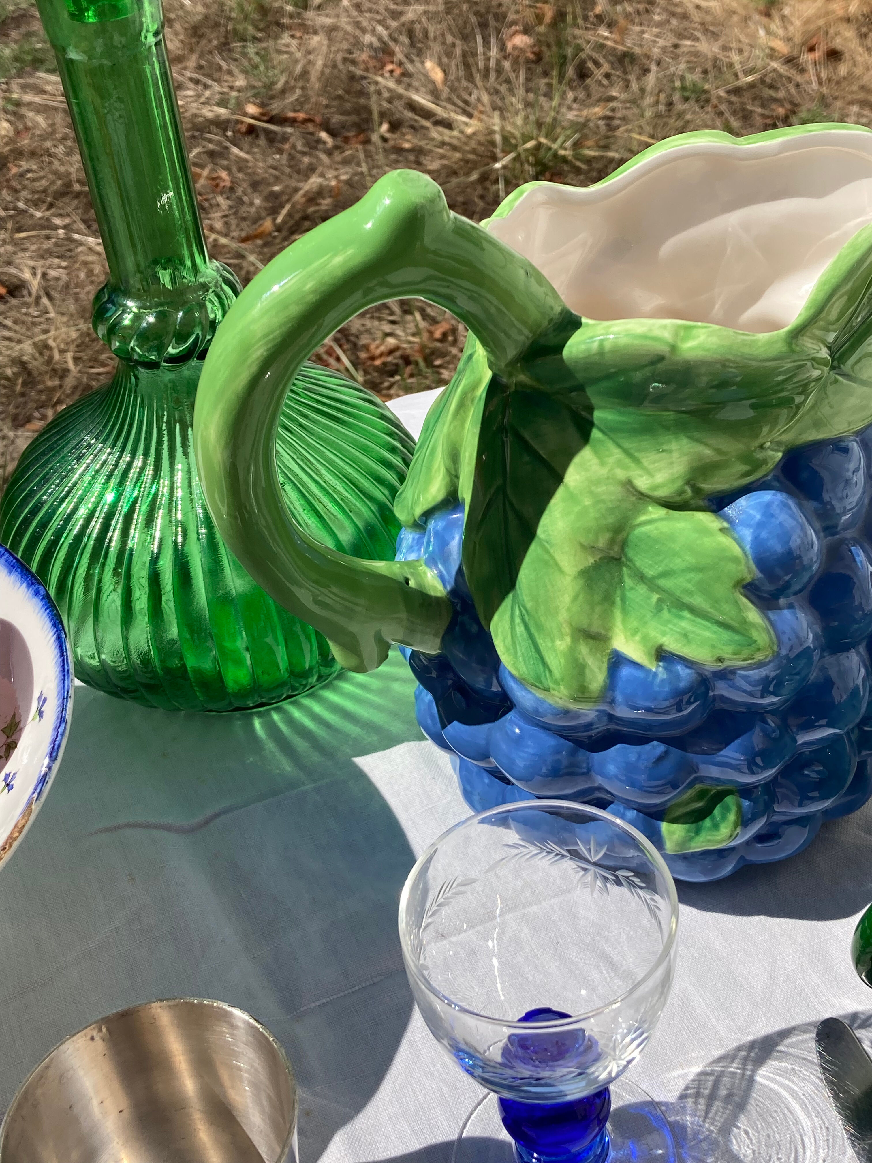 Pitcher in purple and green grape slurry / vintage ceramic decanter
