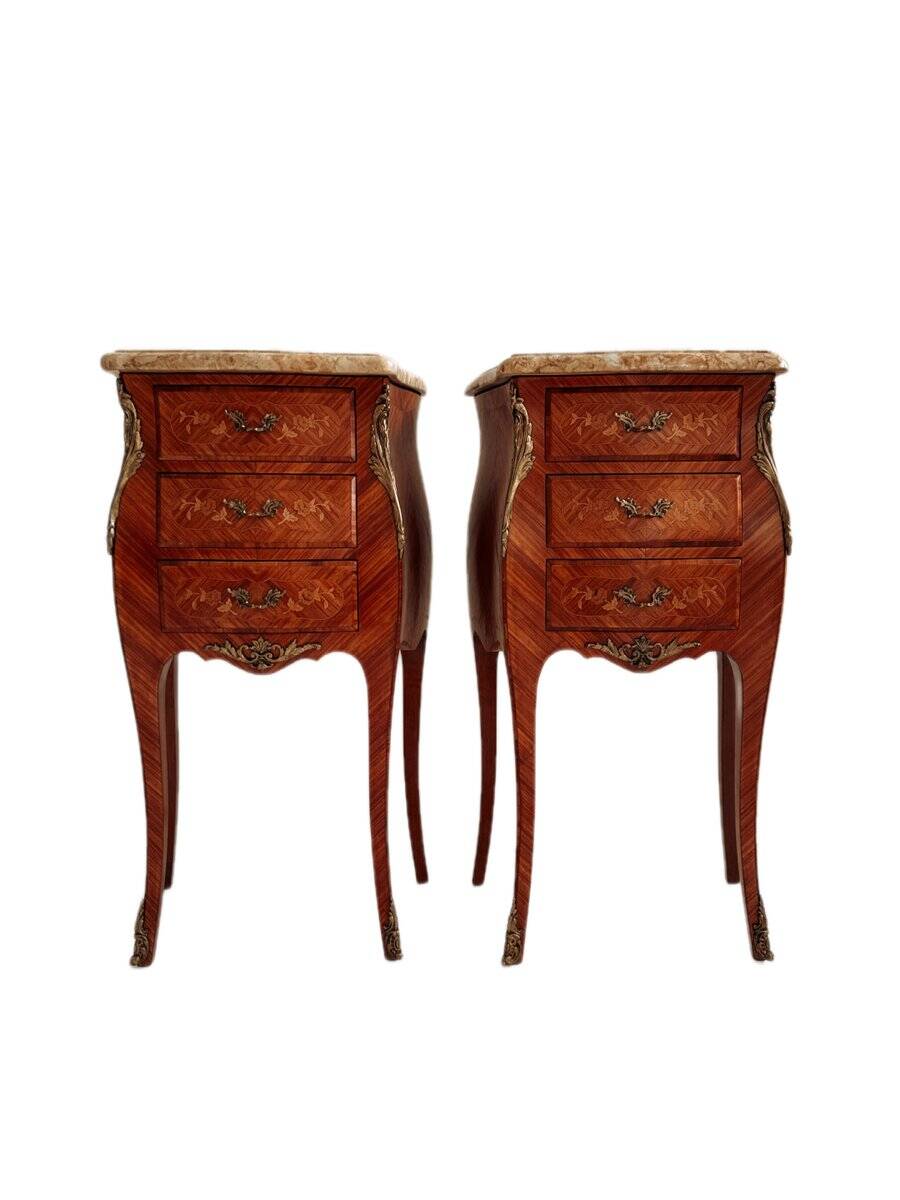 Mid-century French Louis XV style bedside tables with marble tops and floral marquetry, 1940s, set of 2