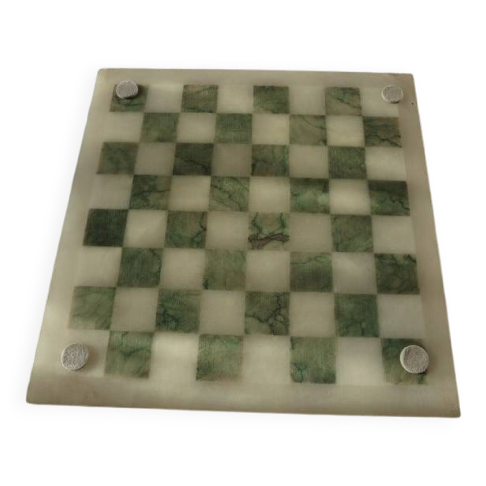 Onyx chessboard and complete wooden chess set.