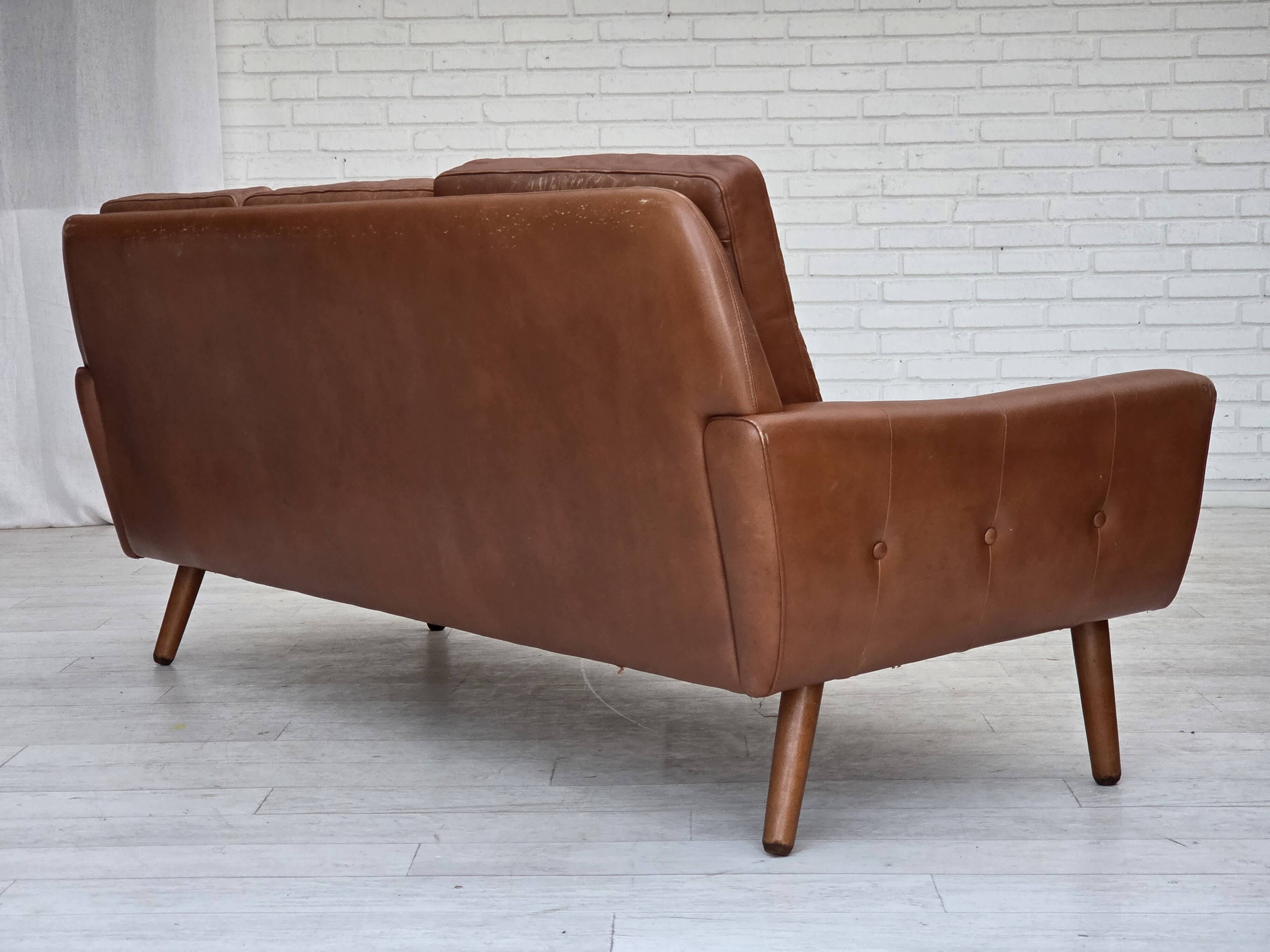 1970s, 3-seater Danish sofa, brown furniture leather with patina.