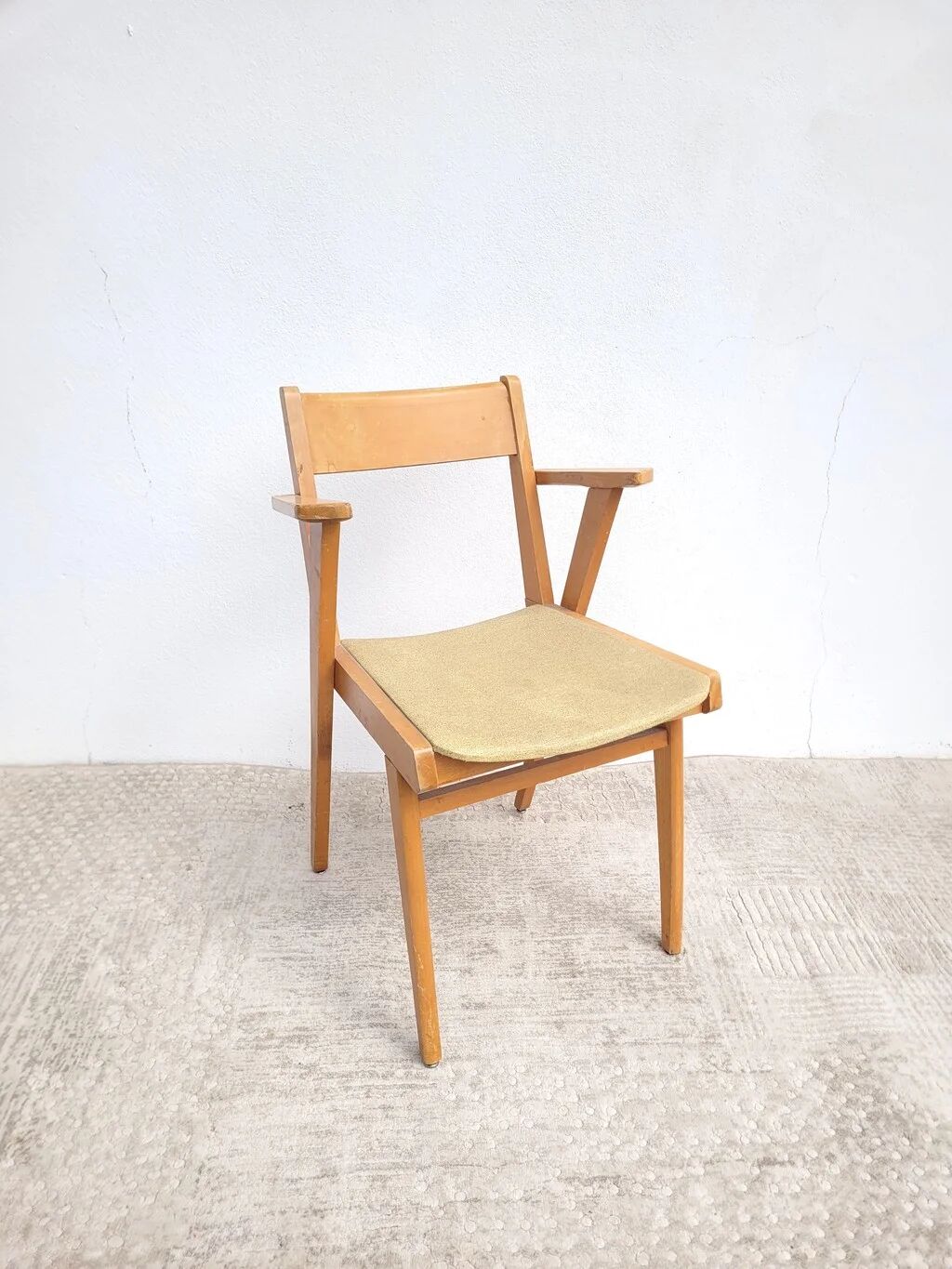 Vintage bridge armchair in beech and pale yellow faux leather from the 1960s.