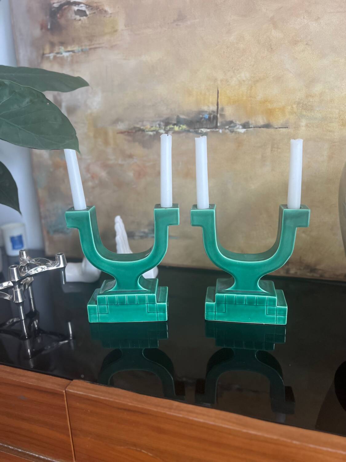 Set of 2 Art Deco candlesticks in green earthenware