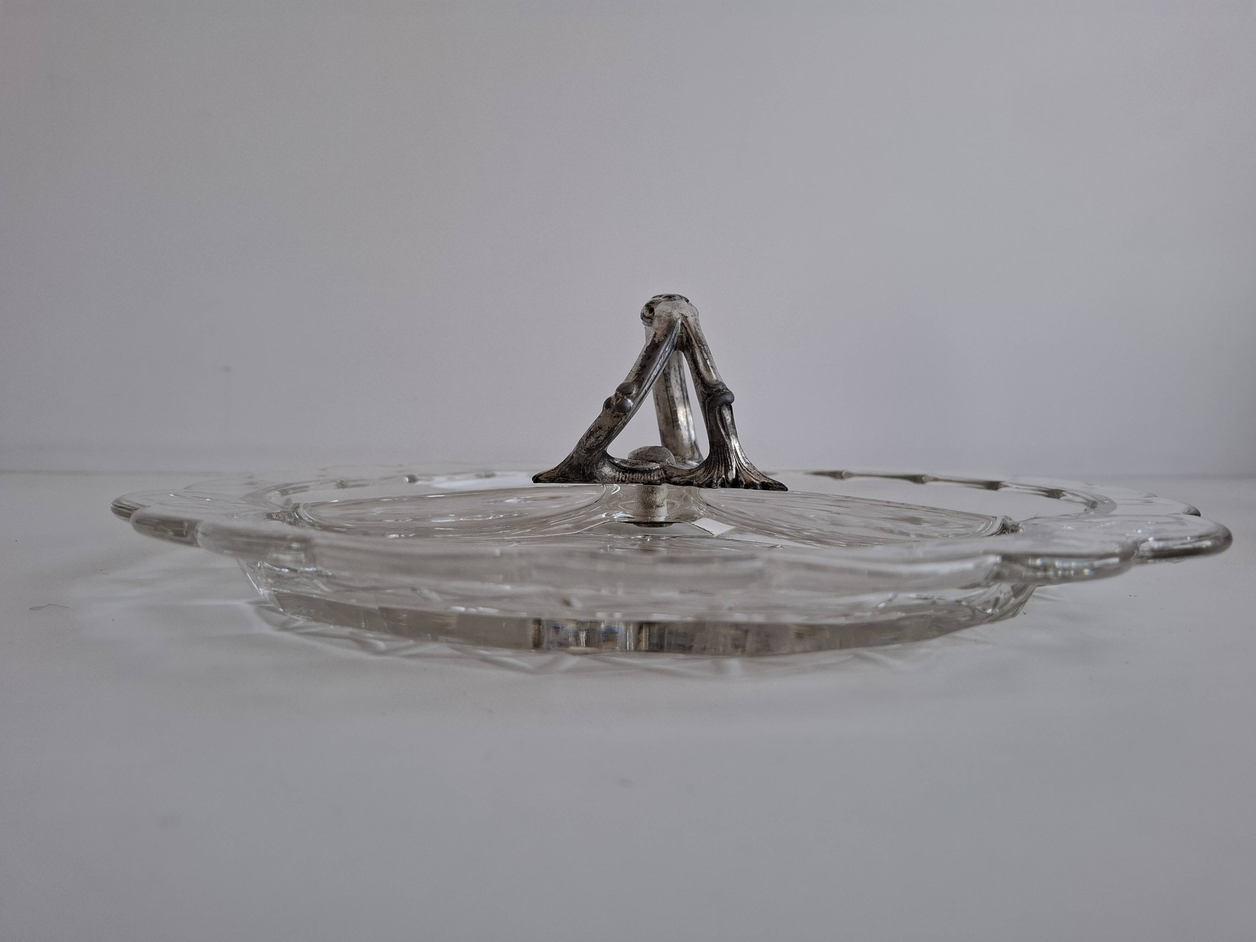 Art Deco Pressed Glass Divided Serving Dish with Alpaca Handle, 1930