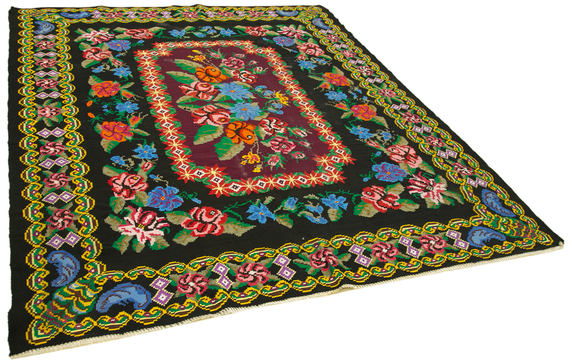 Handwoven Vintage Flatweave Black Kilim 216 cm