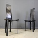 Chaises de salle à manger vintage en cuir noir à dossier haut, lot de 6, années 1980