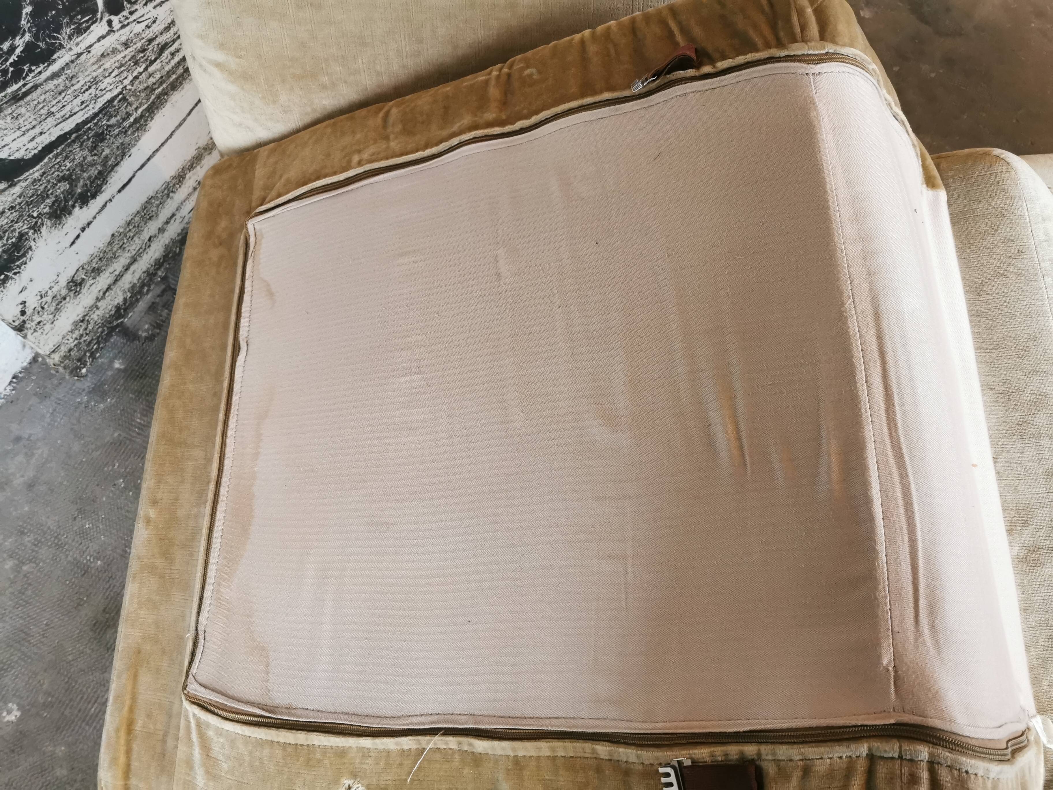 Pair of modular velvet armchairs and ottoman