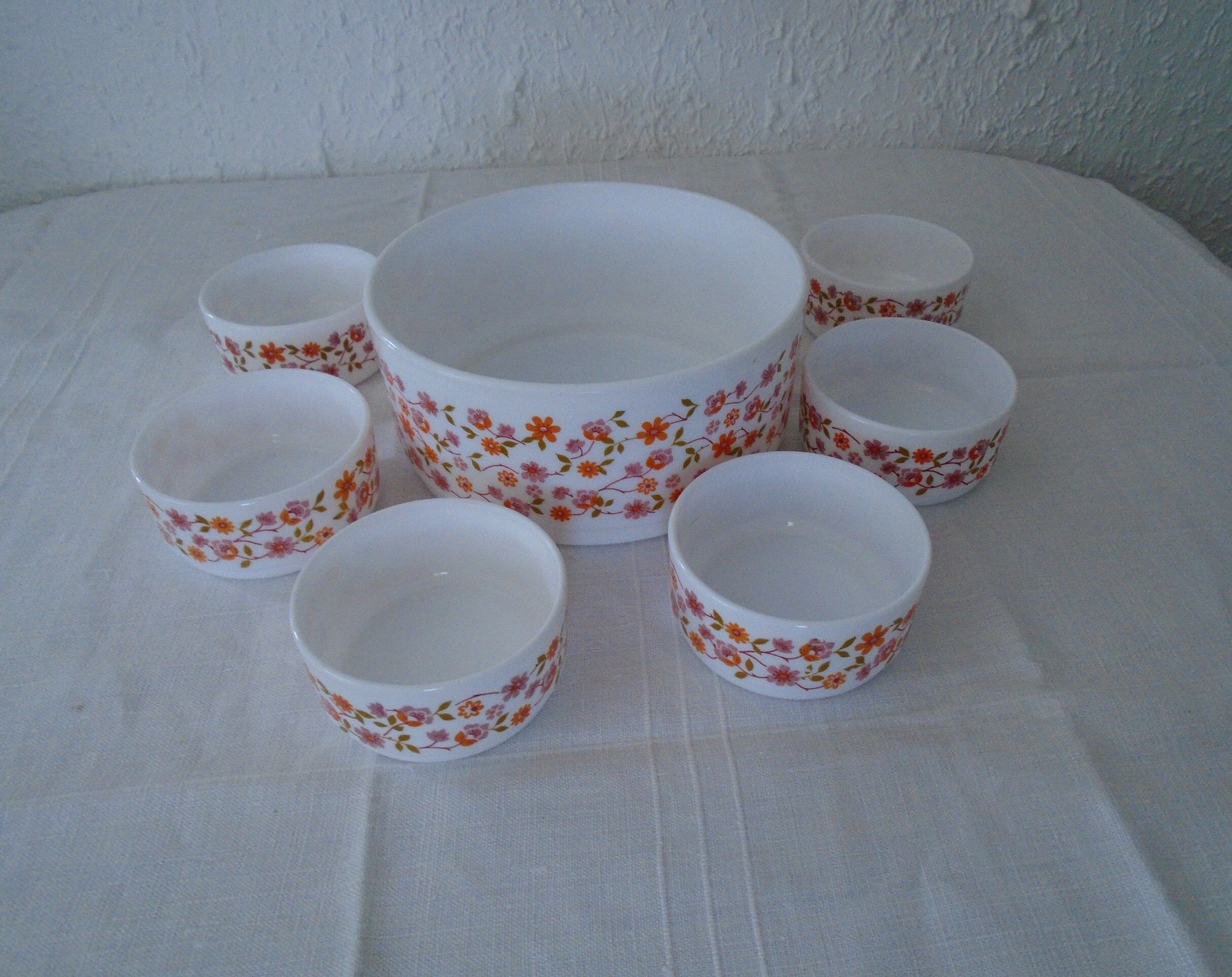 Saladier - t 6 cups scania orange flowers vintage arcopal