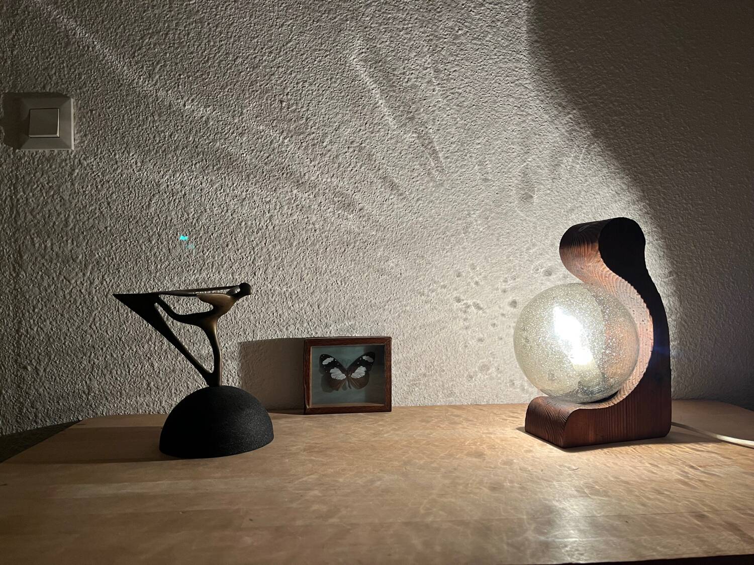 Brutalist lamp Temde Leuchten 1970s pine and glass globe