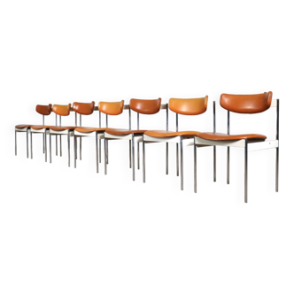 Ensemble de 7 chaises de salle à manger en cuir cognac par C. Denekamp pour Thereca, Pays-Bas 1960