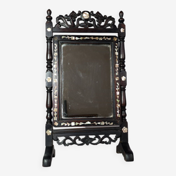 Ancien miroir psyché de table bois nacre signe de Thô longévité Indochine SB