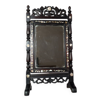 Old mirror table psyche wood mother-of-pearl sign of Thô longevity Indochina SB