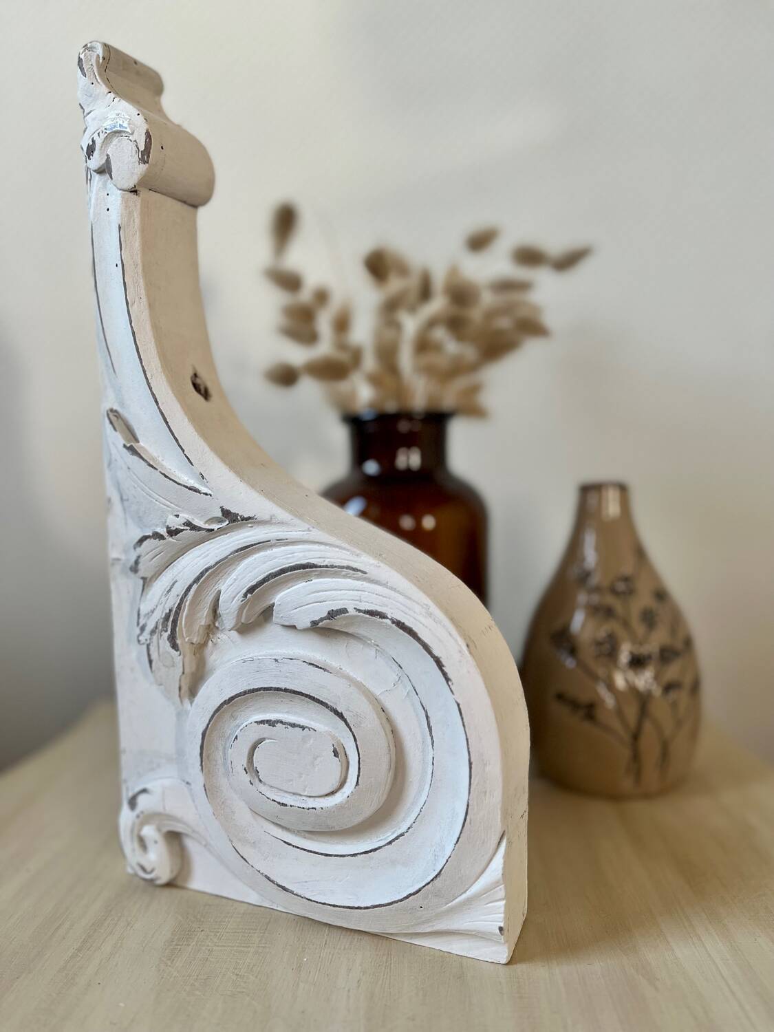 Shabby chic white patina pediment woodwork