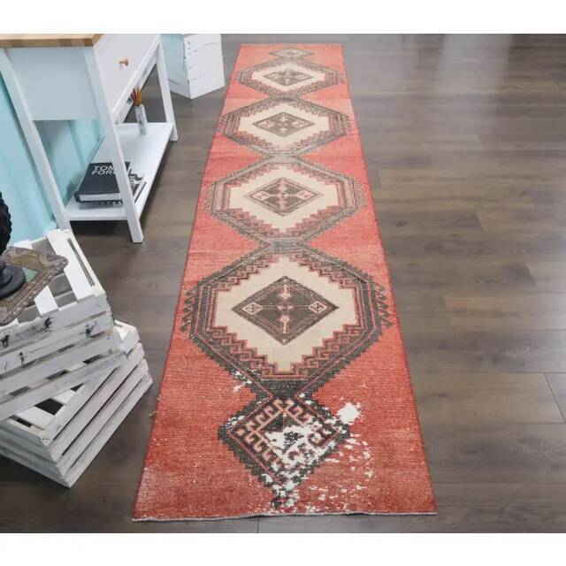 Vintage Turkish Hand-Knotted Red Runner Rug 83x380