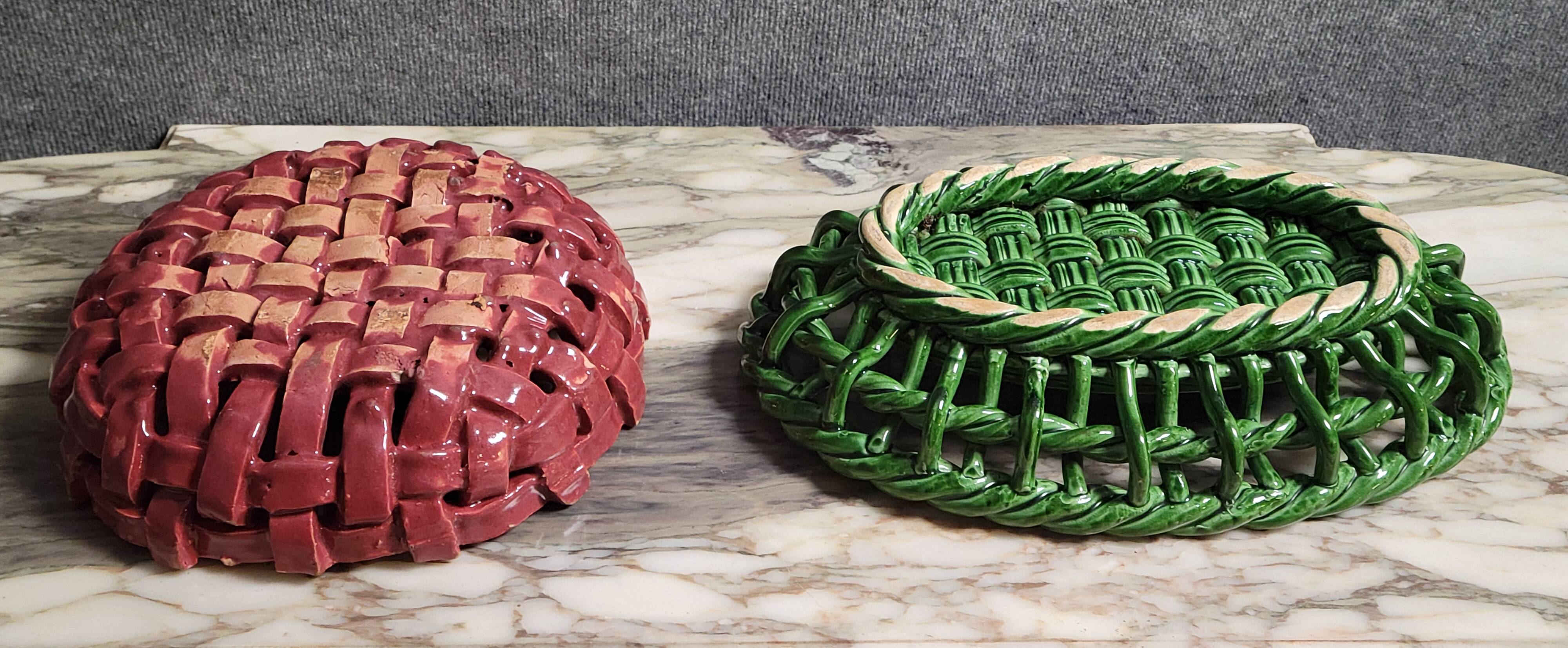 Two woven ceramic fruit baskets/centerpieces