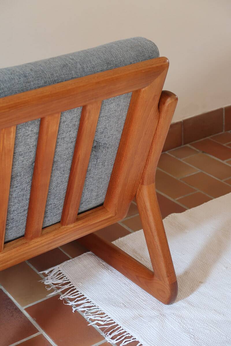 Scandinavian armchair teak Komfor blue-grey fabric 60's sled base