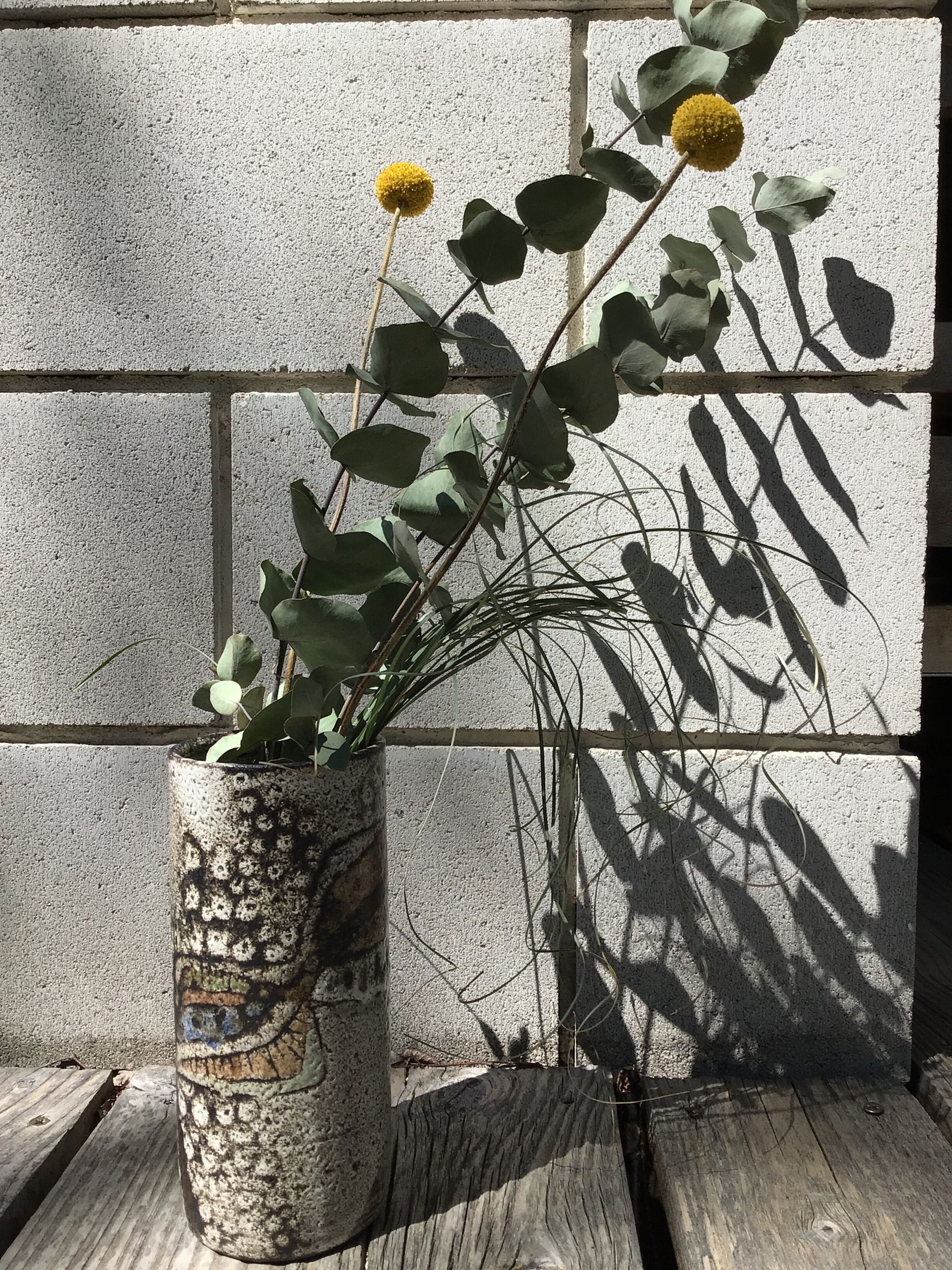 Artisan vase enamel beige brown abstract pattern