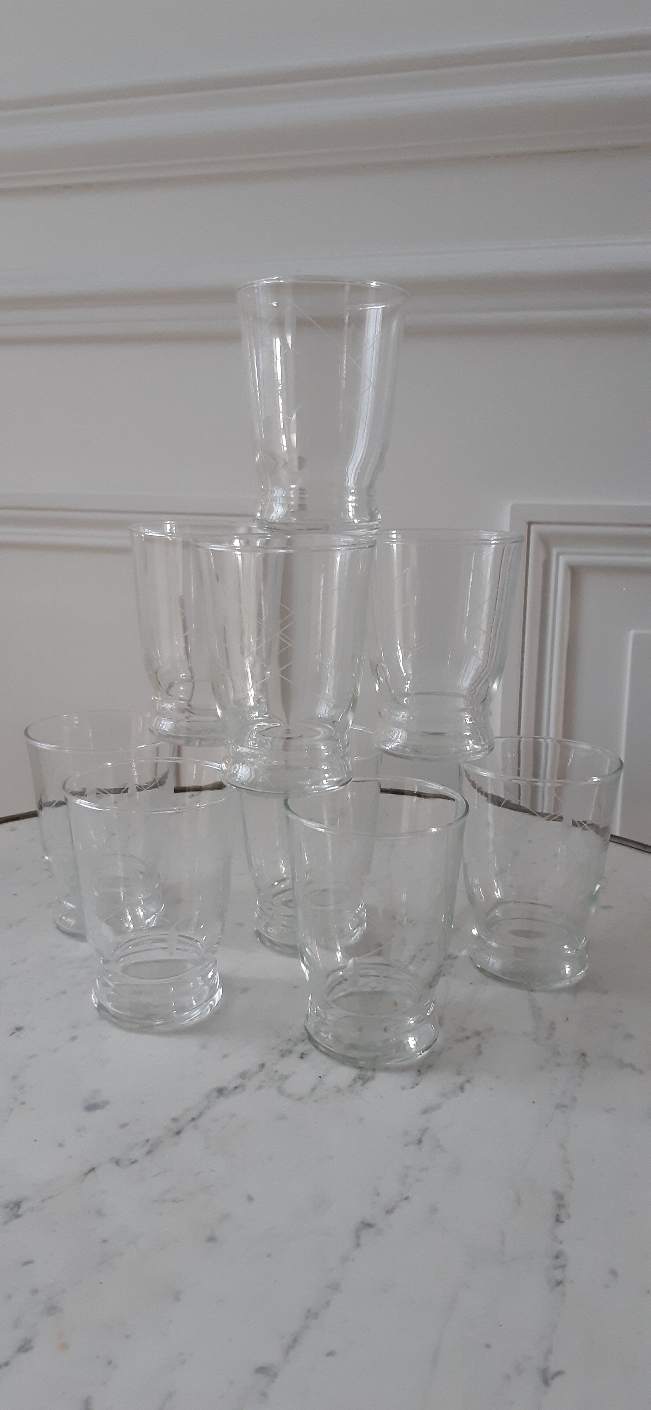 Set of 8 crystalline water glasses engraved 50s