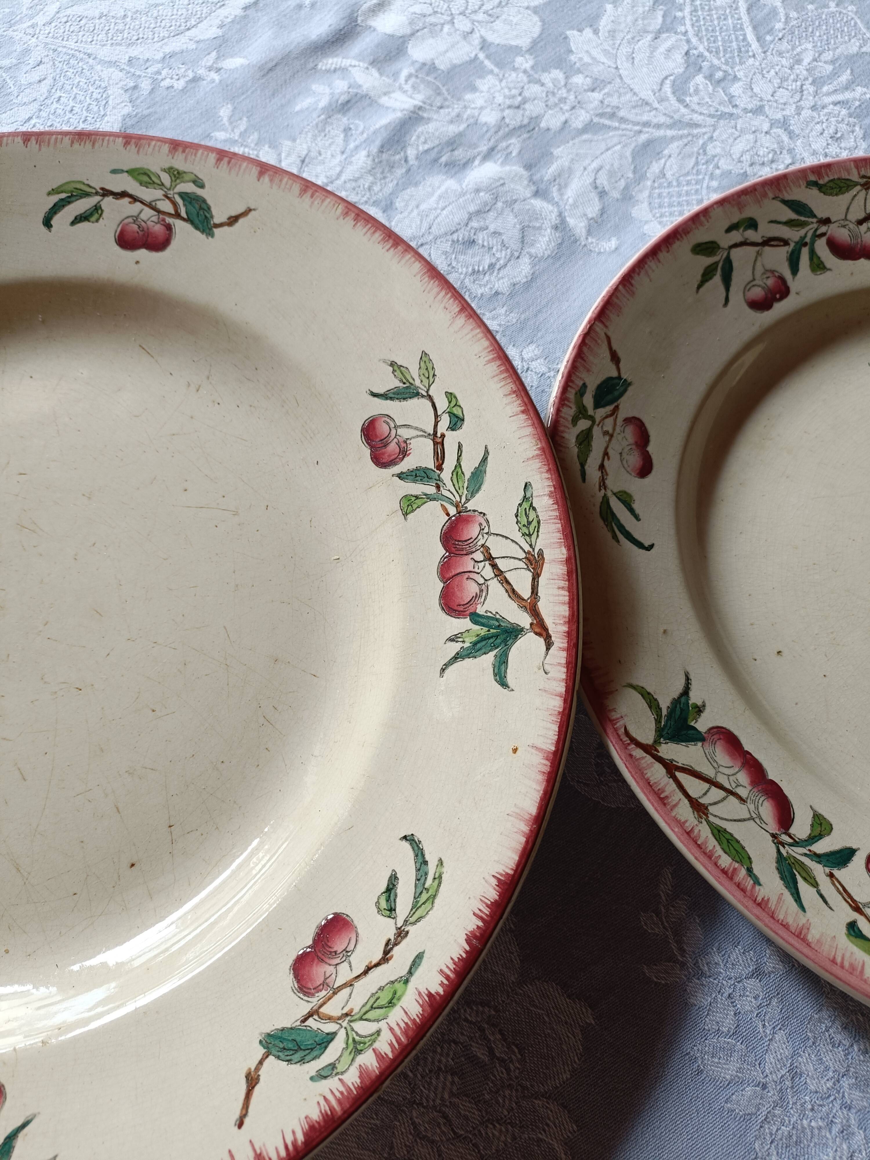 Rares, 6 assiettes et 2 grands plats Sarreguemines décor cerises