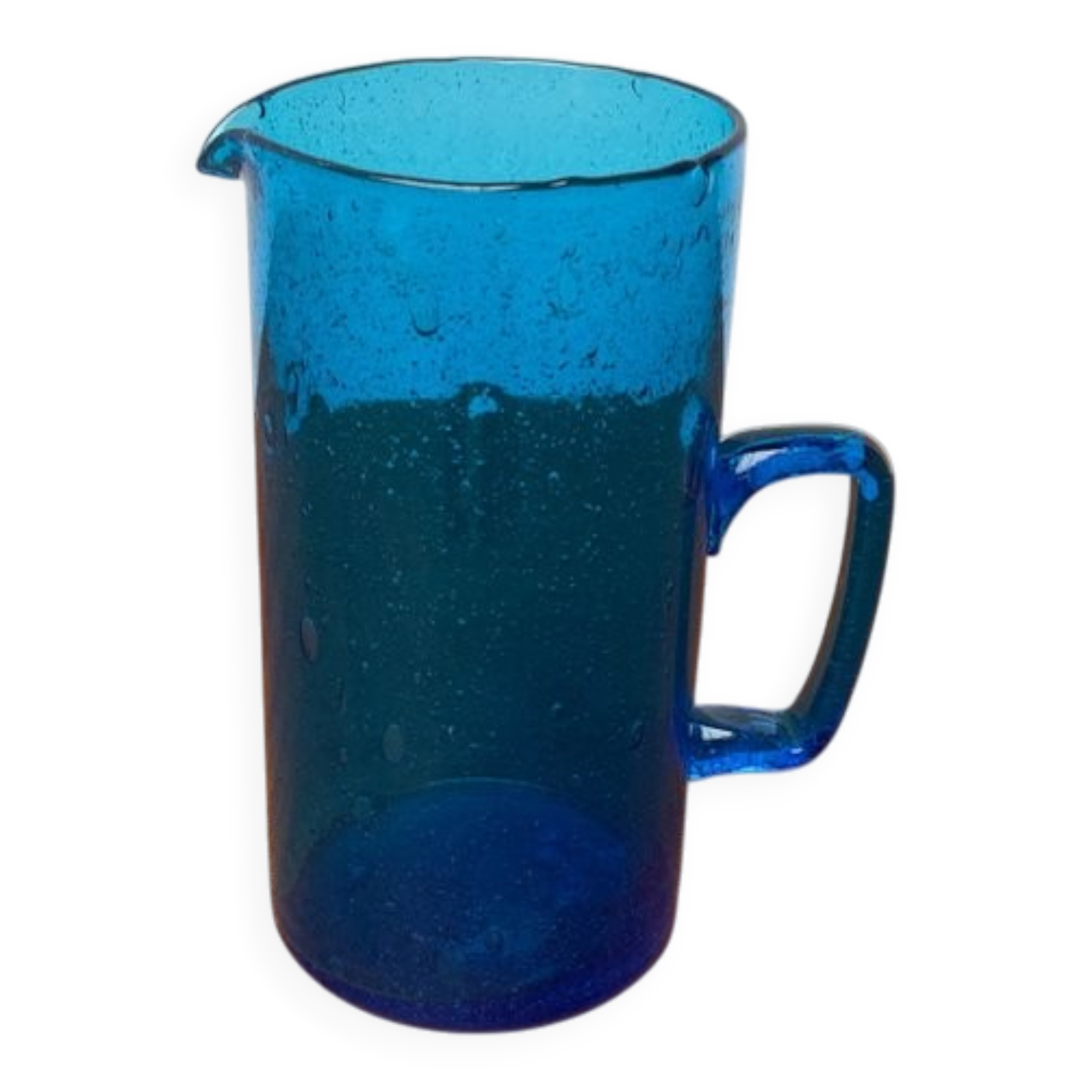 Broc en verre bleu fait main du milieu du siècle, années 1960