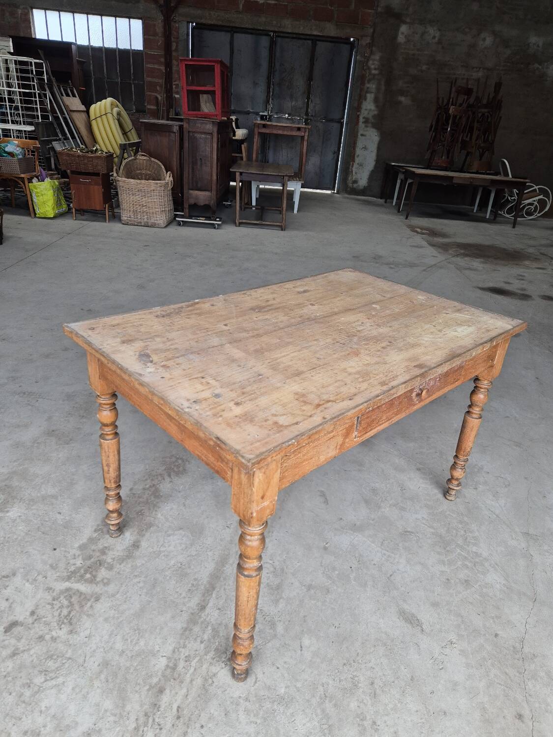 Antique rustic bistro farm table 1900 one drawer - 1m23