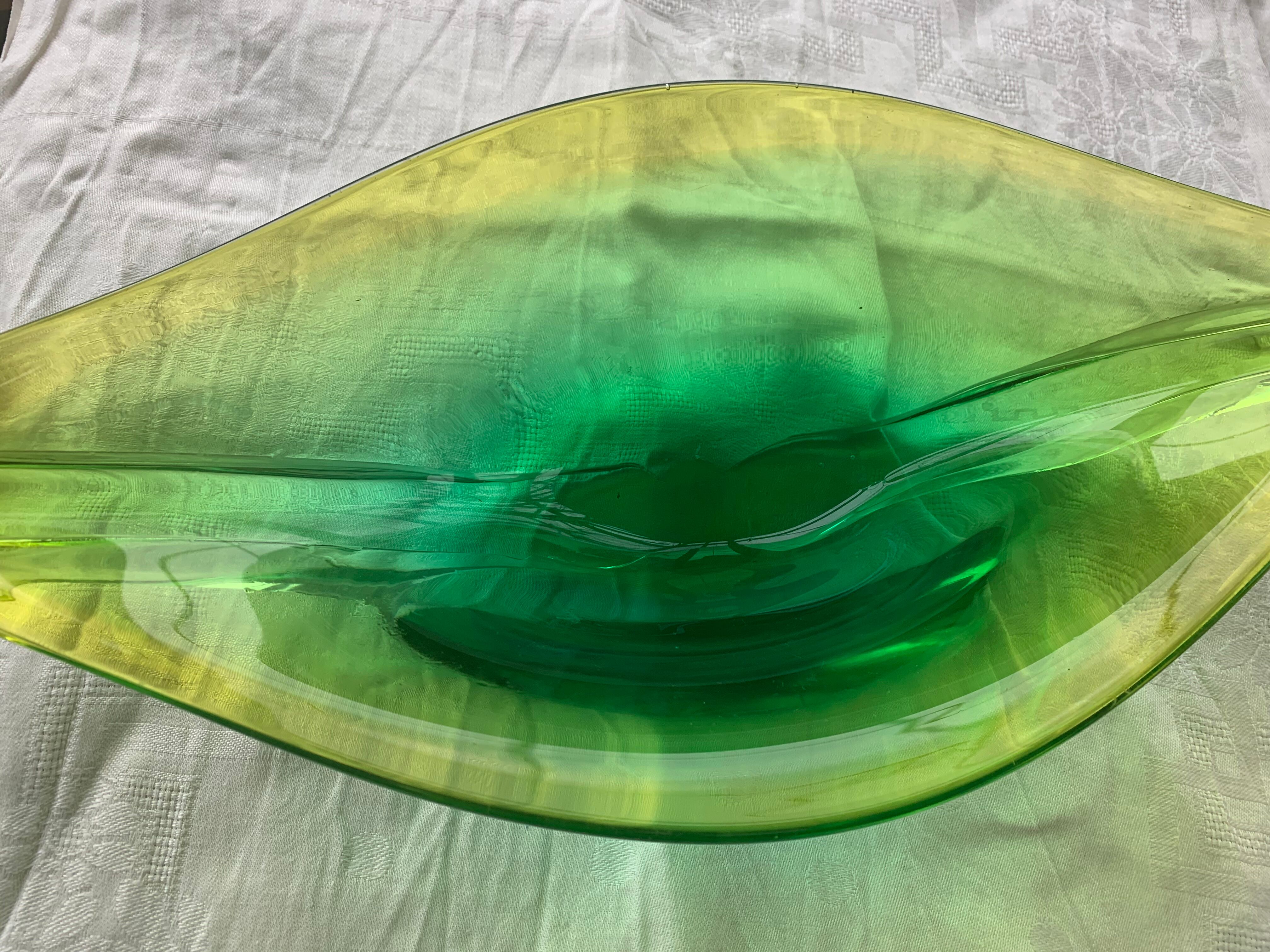 Glass fruit cup in the shape of a vintage yellow green vegetable leaf