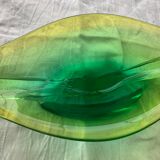 Coupe à fruits en verre en forme de feuille végétal jaune vert vintage