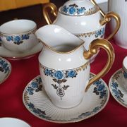 Antique Limoges porcelain coffee/tea service – 14 pieces with blue rose decoration.