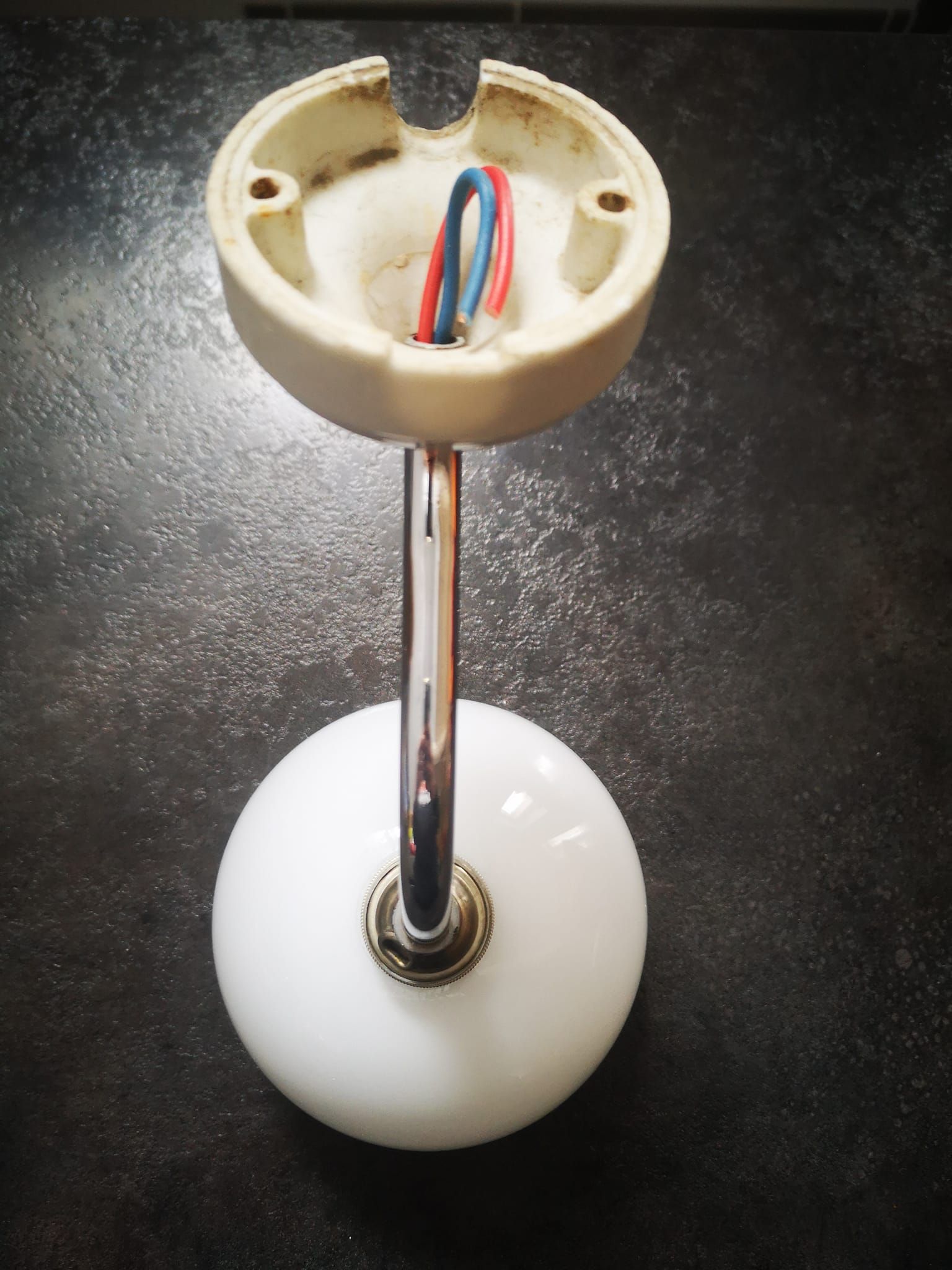 Wall lamp old opaline silver metal globe & porcelain base Art Deco 1930 TBE gooseneck
