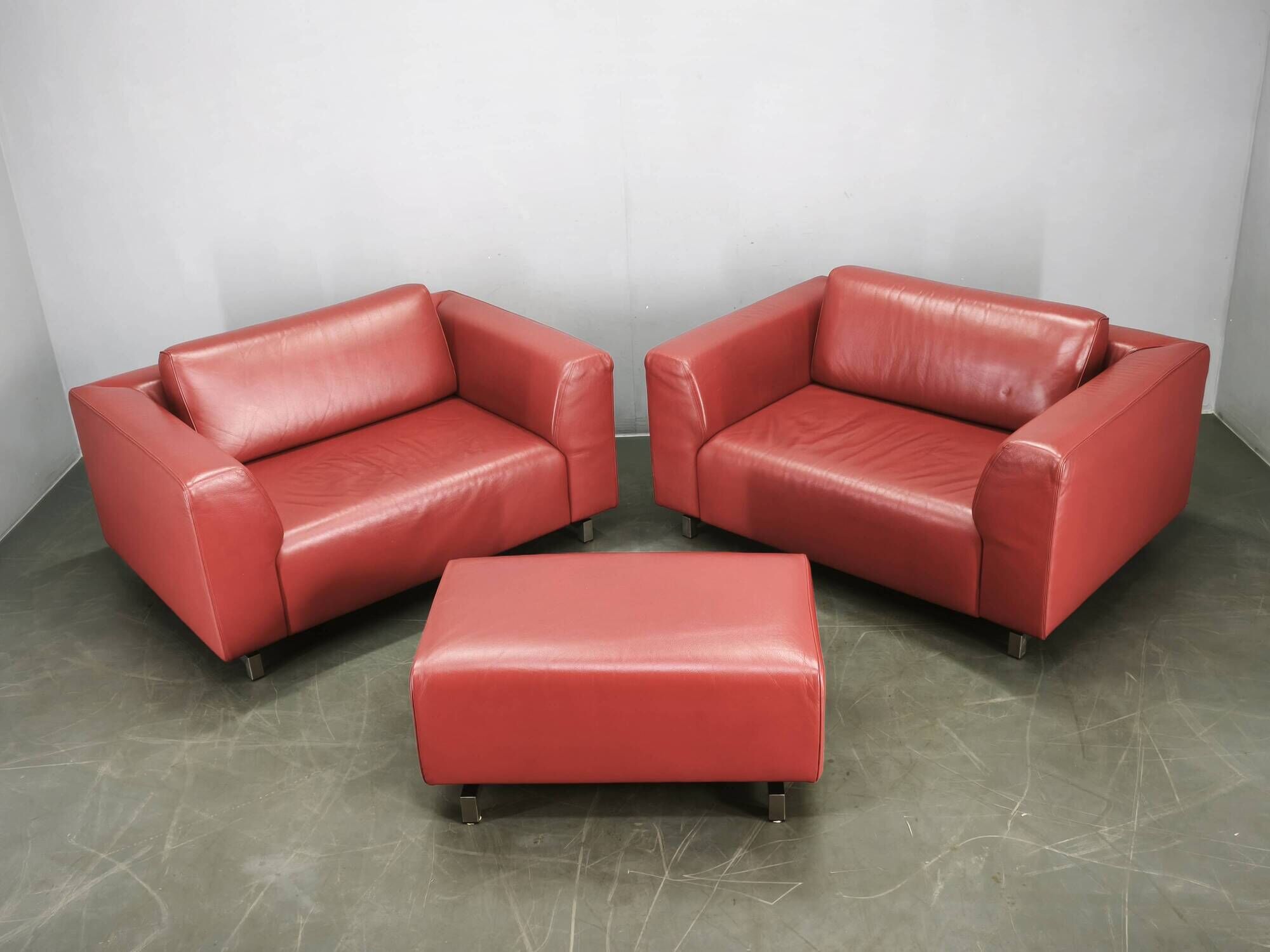 Wittmann Oversized Red Leather Lounge Armchairs and Ottoman, Austria