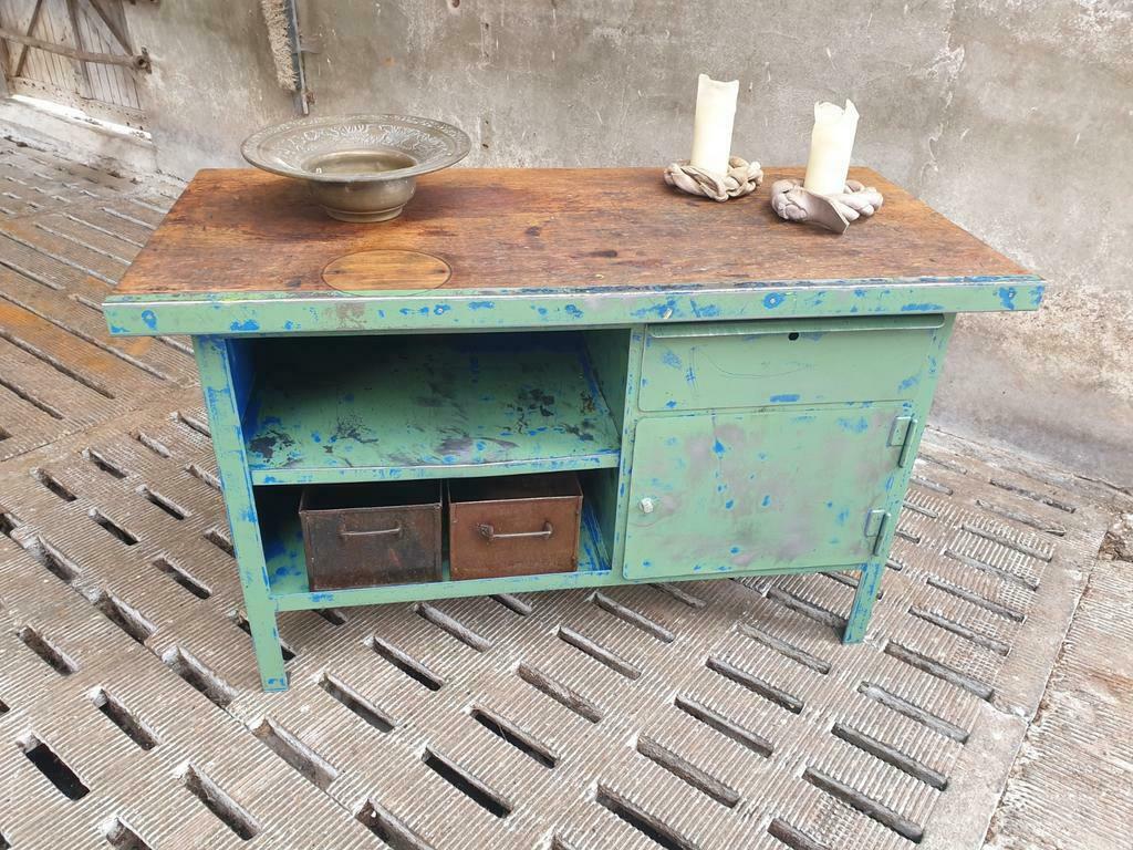 Industrial workbench steel green kitchen or bathroom furniture