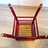 Antique square stool in red wood, workshop patina