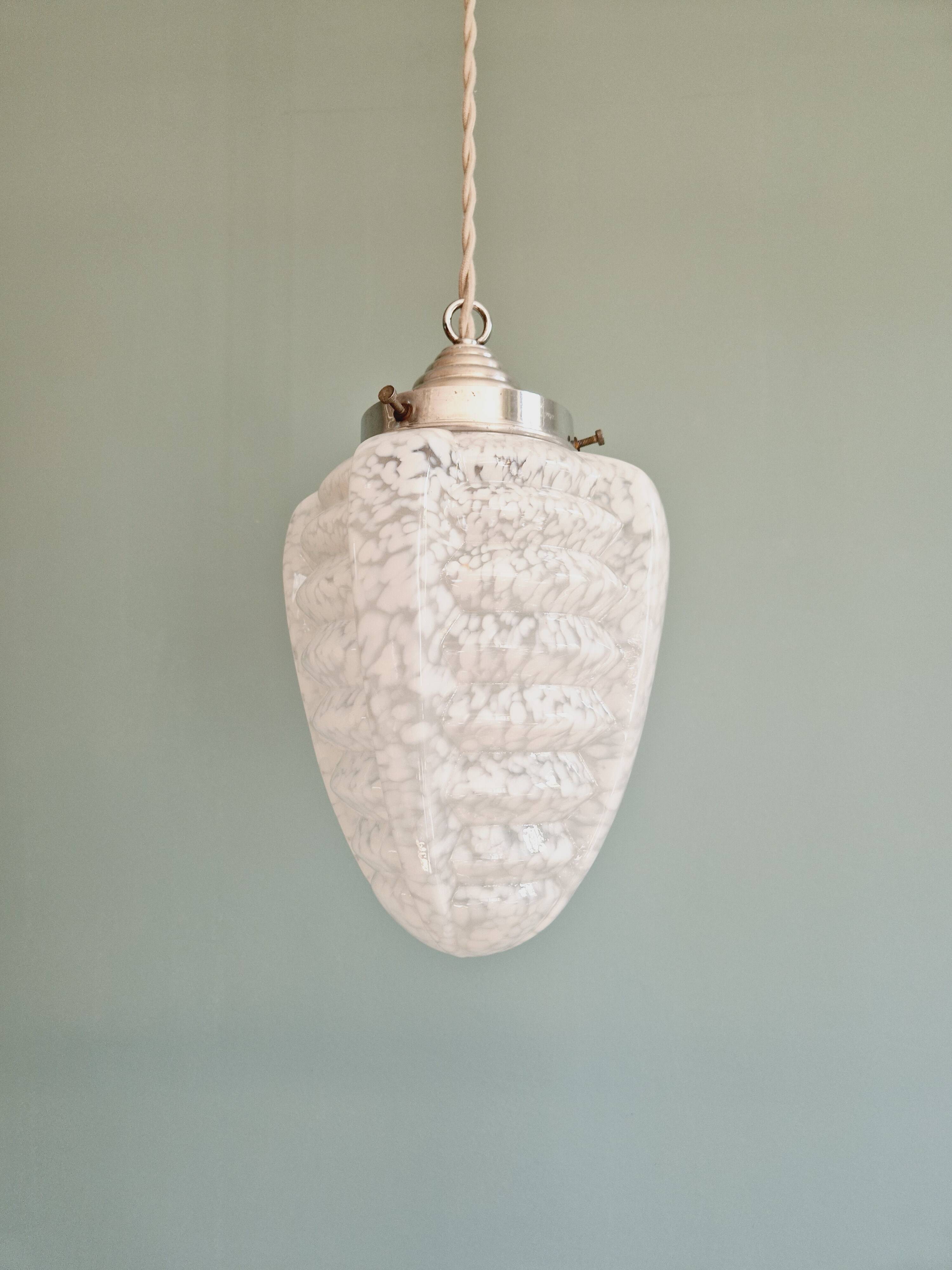 Art Deco pendant light in white speckled glass, 1920s-30s