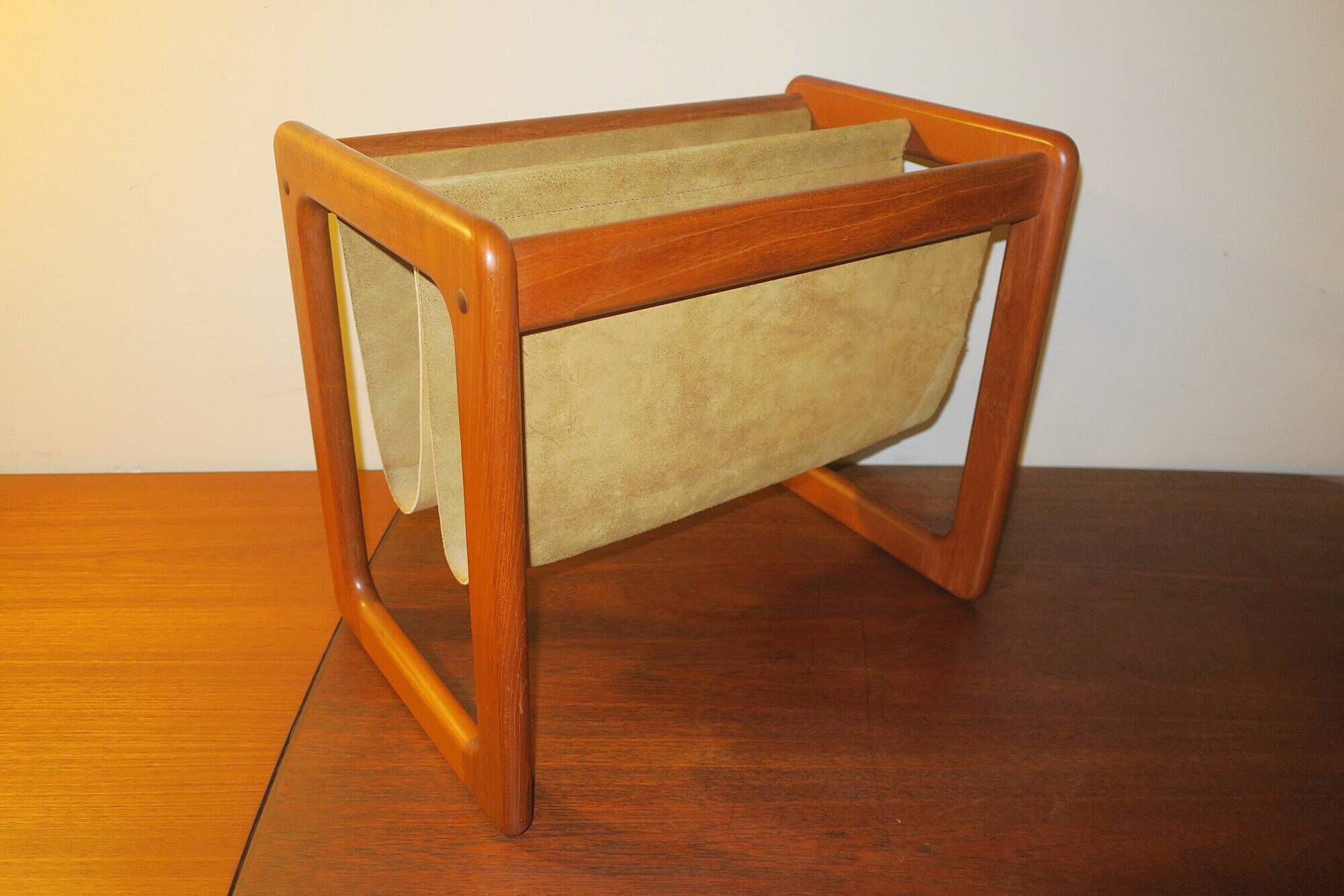 Magazinr rack in teak and suede leather by Aksel Kjersgaard, 1960s