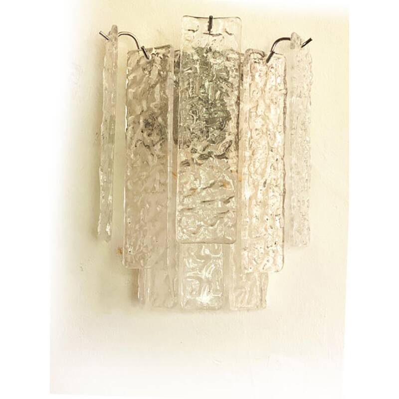 Pair of Contemporary Hammered Strips ”Listelli” Murano Glass Chromed Wall Sconces by Simoeng