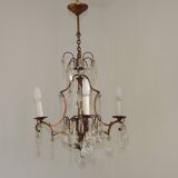 1940s French Vintage Bronze Glass and Crystal 4 Light Chandelier 4679