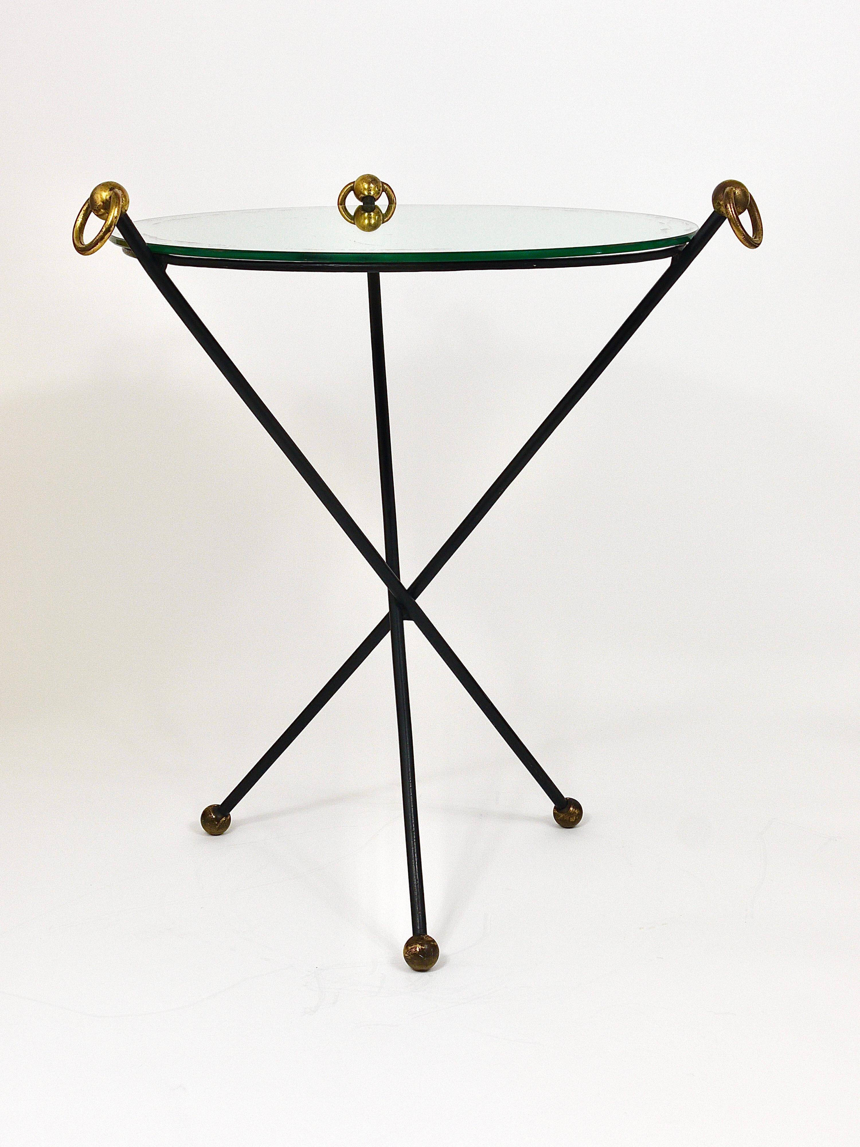 French mid-century mirror side table, Jacques Adnet style, brass, 1950s.