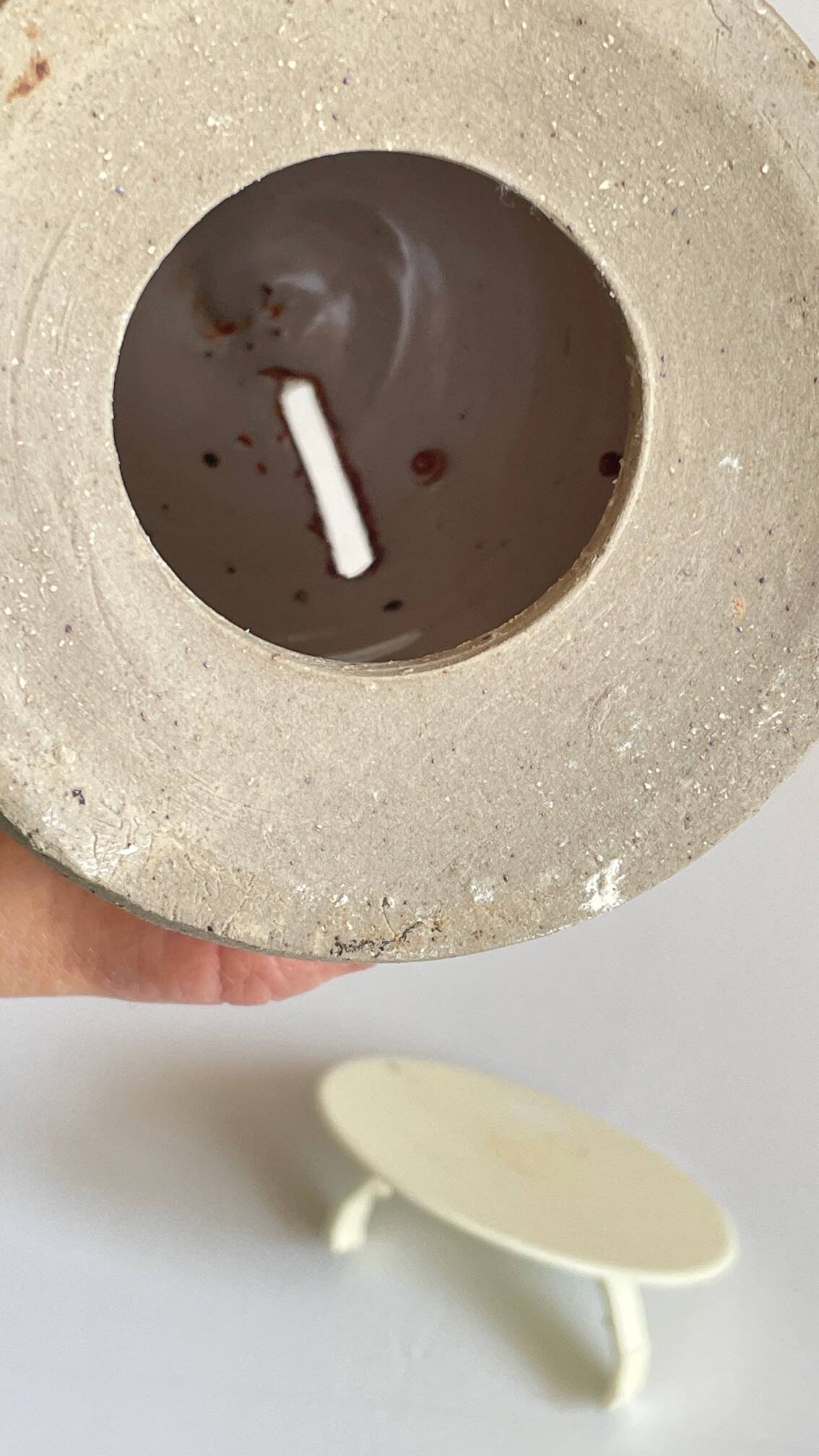 Vintage enameled stoneware owl money box