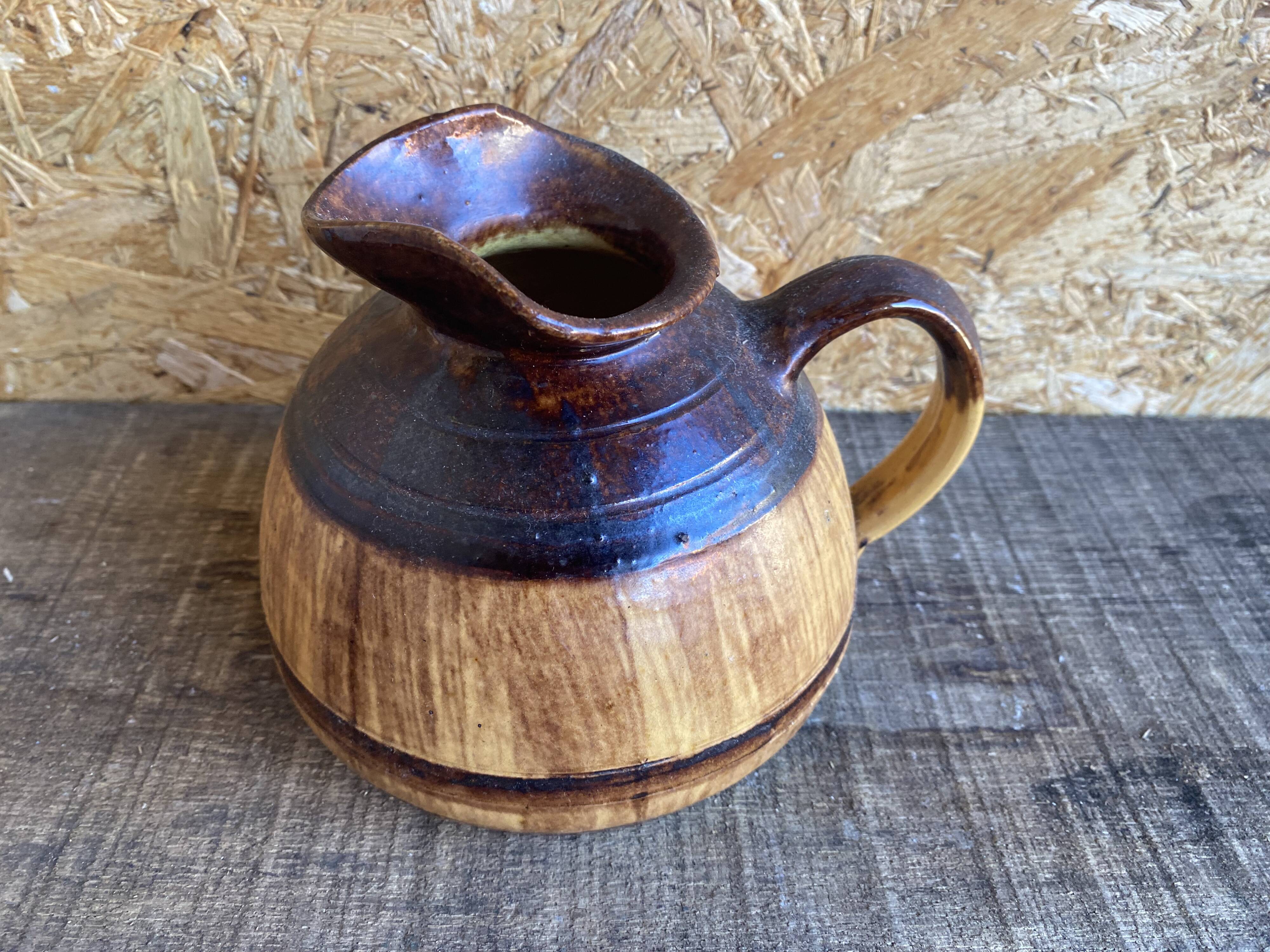 Old Terracotta Pitcher Barrel Shape Vintage Kitchen #D972
