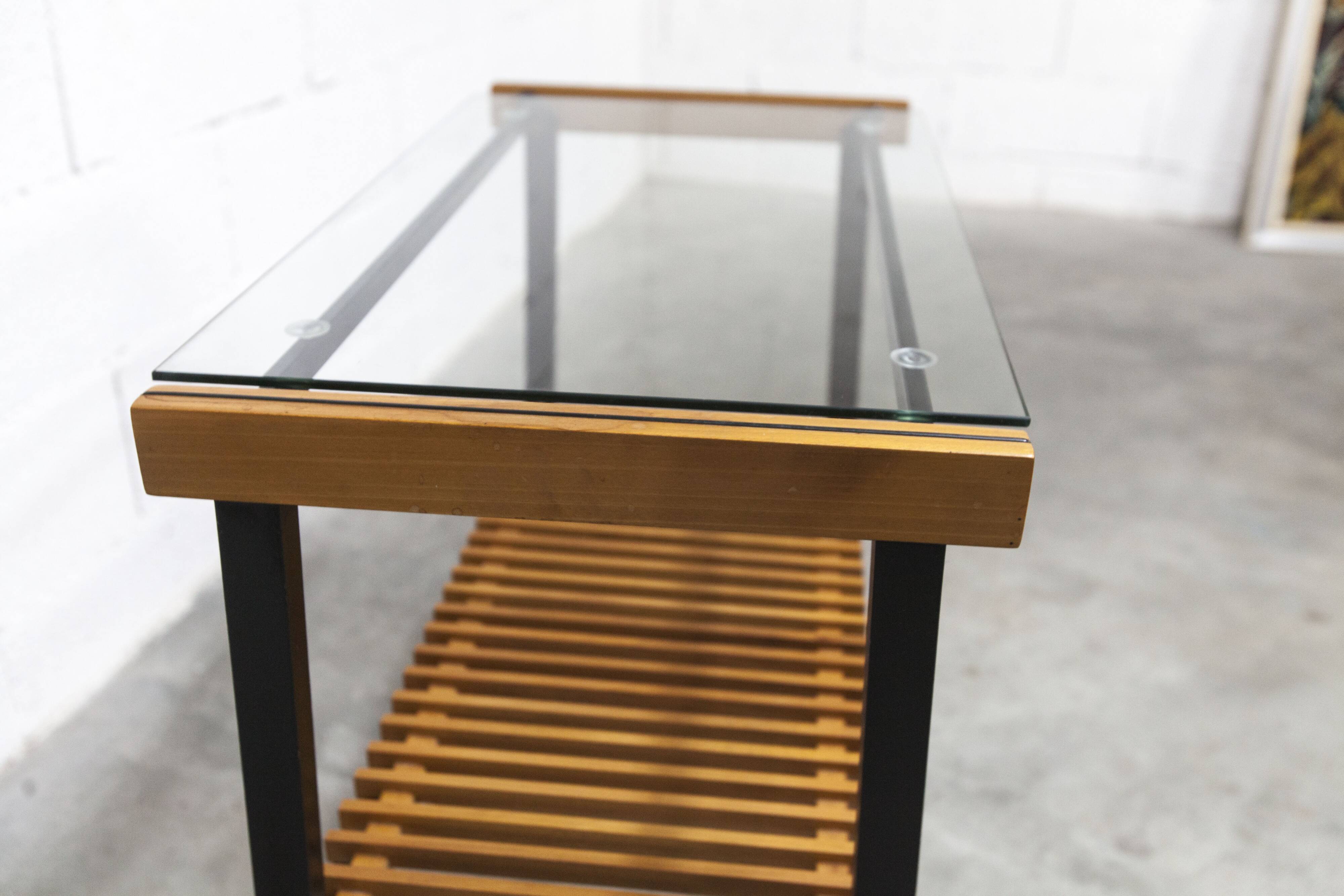 1960s serving cart, hi-fi cabinet on casters, teak, black metal, glass