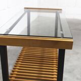 1960s serving cart, hi-fi cabinet on casters, teak, black metal, glass