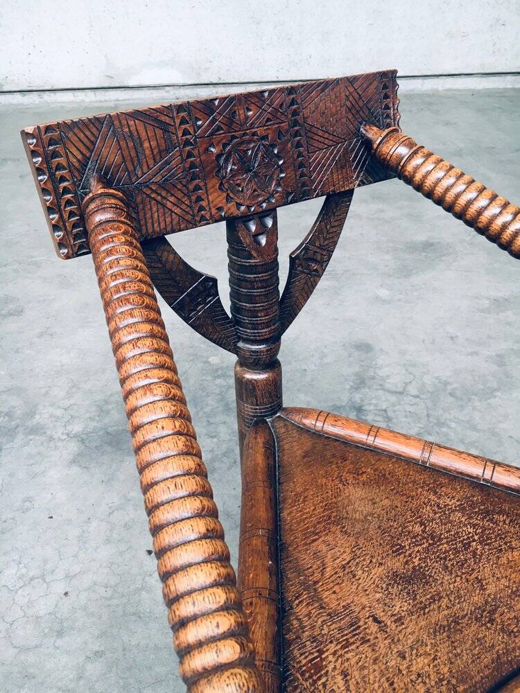 Brutalist Carved Oak Tripod Monk Chair, Sweden, 1930s