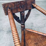 Brutalist Carved Oak Tripod Monk Chair, Sweden, 1930s